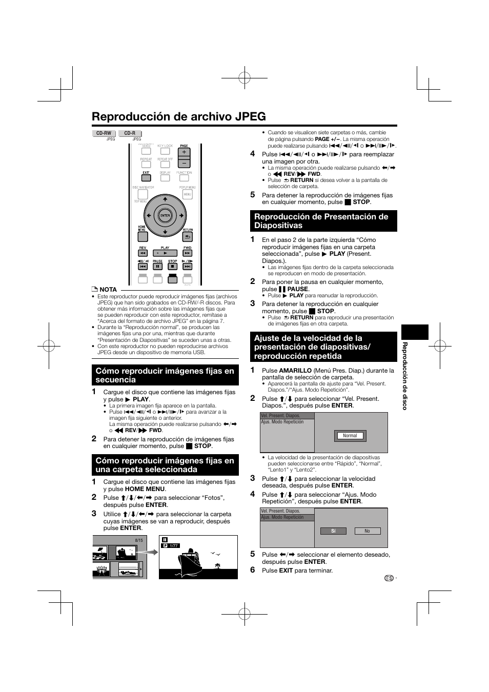 Reproducción de archivo jpeg, Diapositivas/reproducción repetida, Cómo reproducir imágenes fijas en secuencia | Reproducción de presentación de diapositivas | Pioneer BDP-120 User Manual | Page 190 / 427