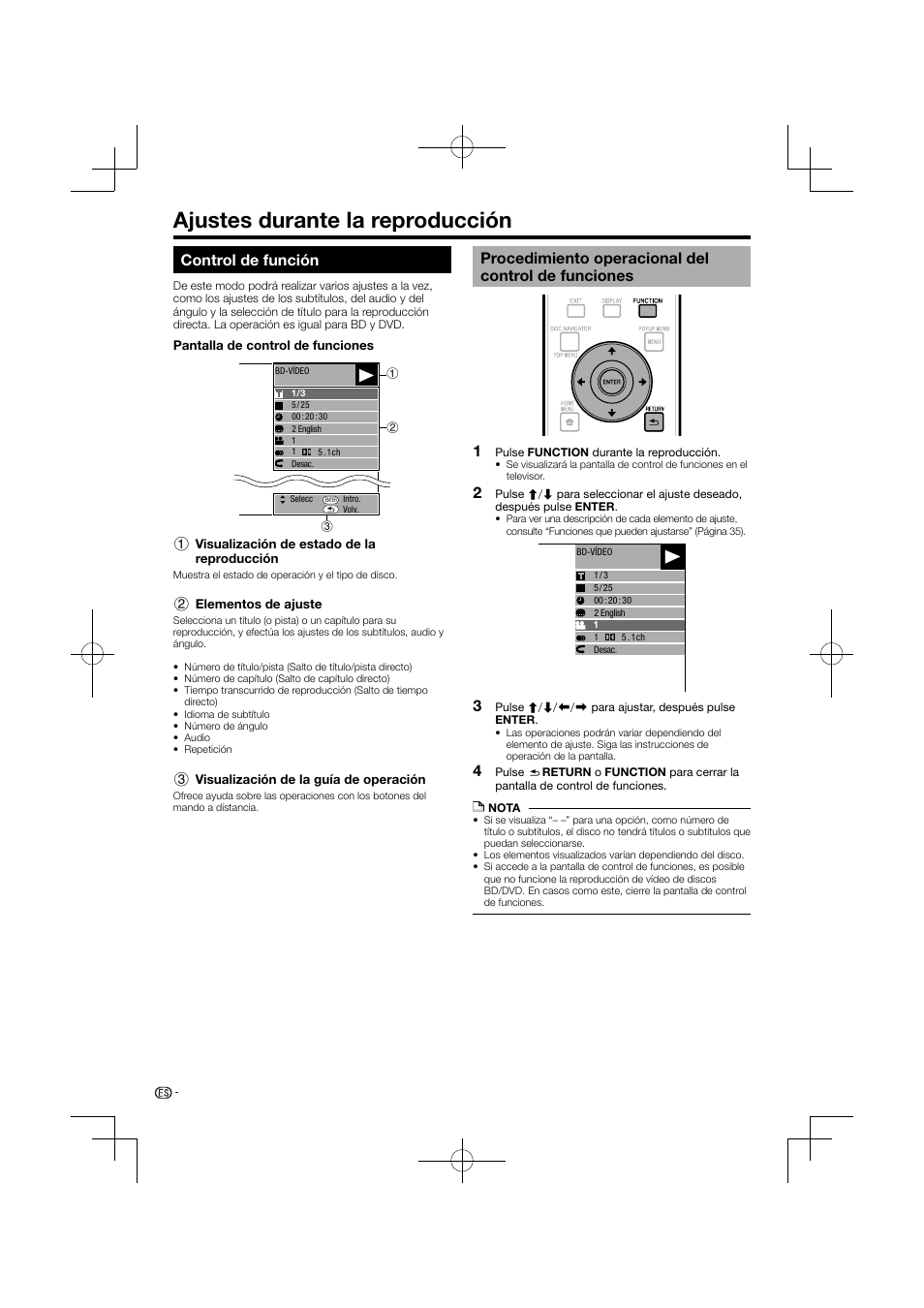 Ajustes durante la reproducción, Control de función, Procedimiento operacional del control de funciones | Pioneer BDP-120 User Manual | Page 191 / 427
