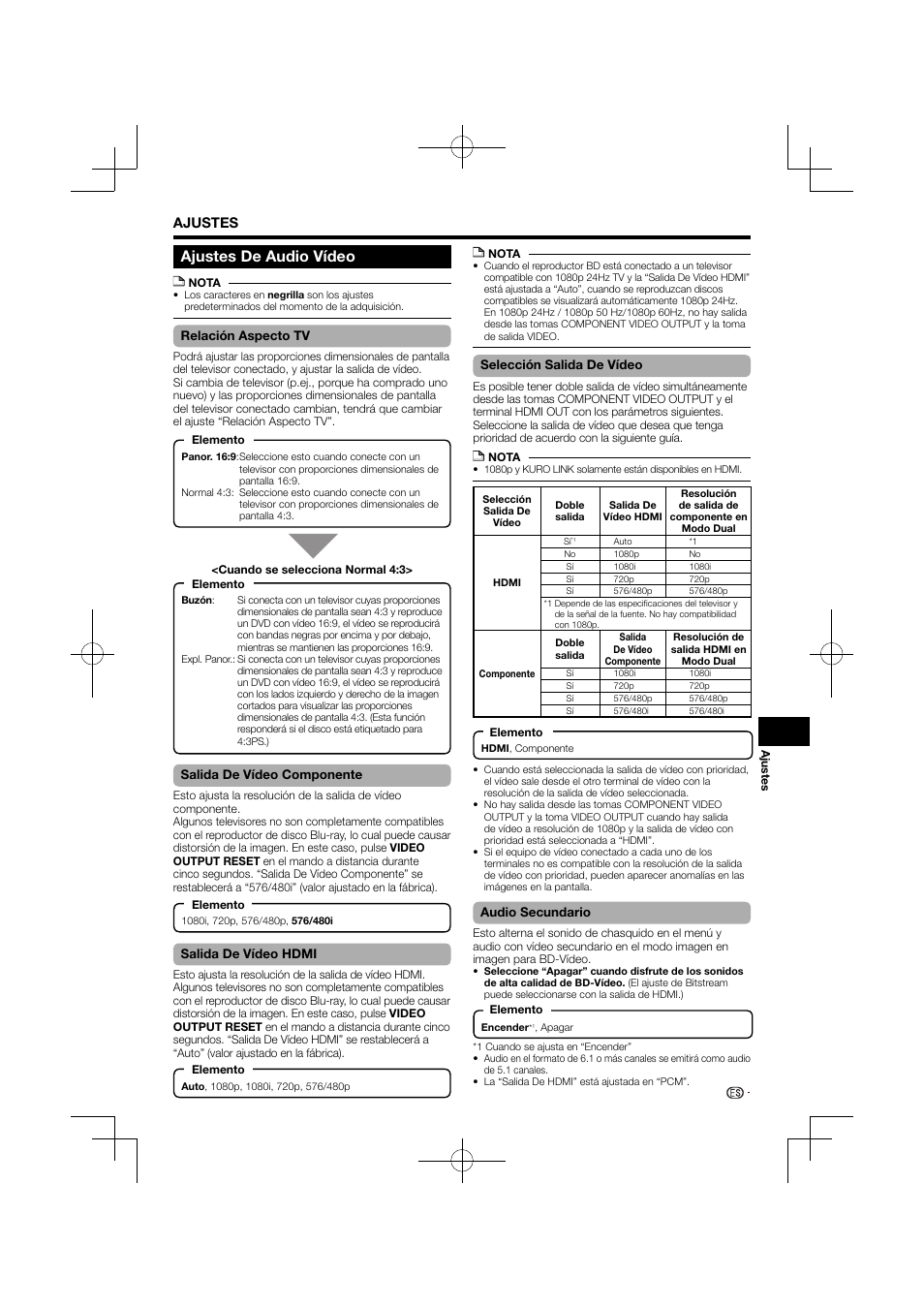 Ajustes de audio vídeo, Ajustes | Pioneer BDP-120 User Manual | Page 194 / 427