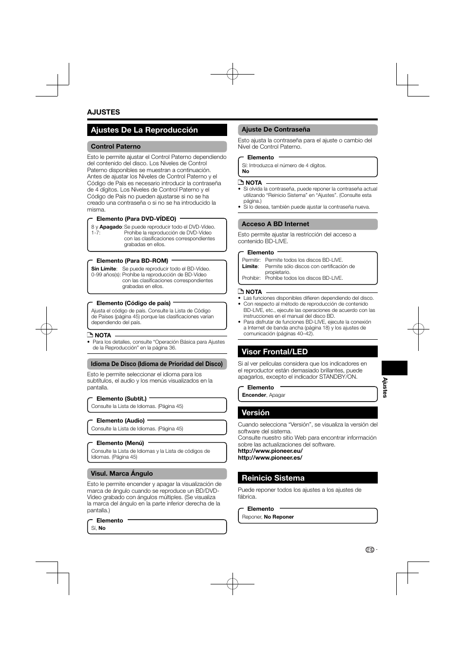 Visor frontal/led, Versión, Reinicio sistema | Ajustes de la reproducción | Pioneer BDP-120 User Manual | Page 196 / 427