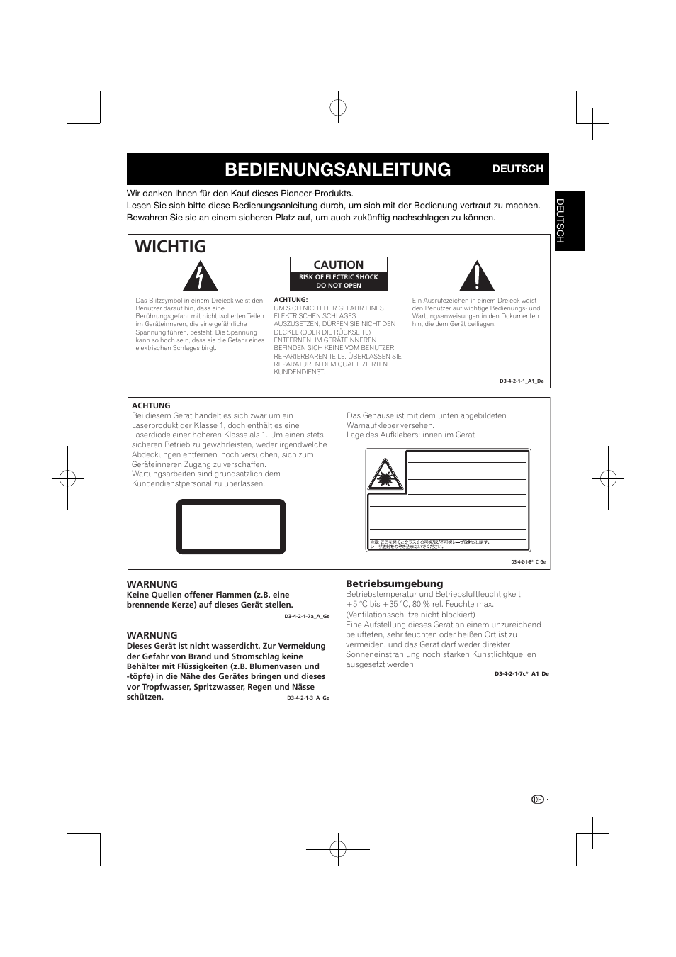 Bedienungsanleitung, Wichtig, Laser klasse 1 | Caution | Pioneer BDP-120 User Manual | Page 2 / 427