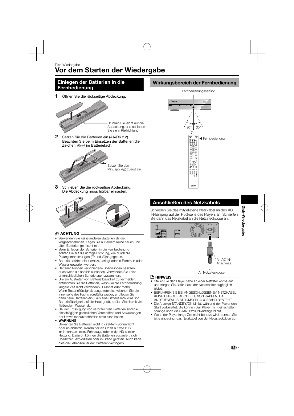 Vor dem starten der wiedergabe, Einlegen der batterien in die fernbedienung, Wirkungsbereich der fernbedienung | Anschließen des netzkabels, 12 3 anschließen des netzkabels | Pioneer BDP-120 User Manual | Page 20 / 427