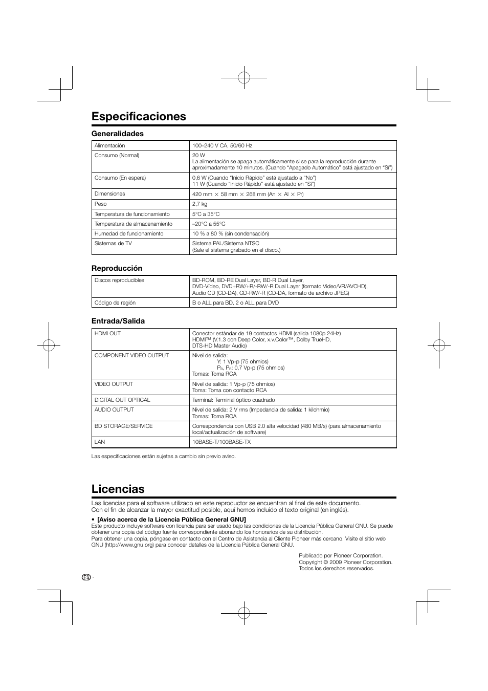 Especificaciones licencias, Especificaciones, Licencias | Generalidades, Reproducción, Entrada/salida | Pioneer BDP-120 User Manual | Page 209 / 427