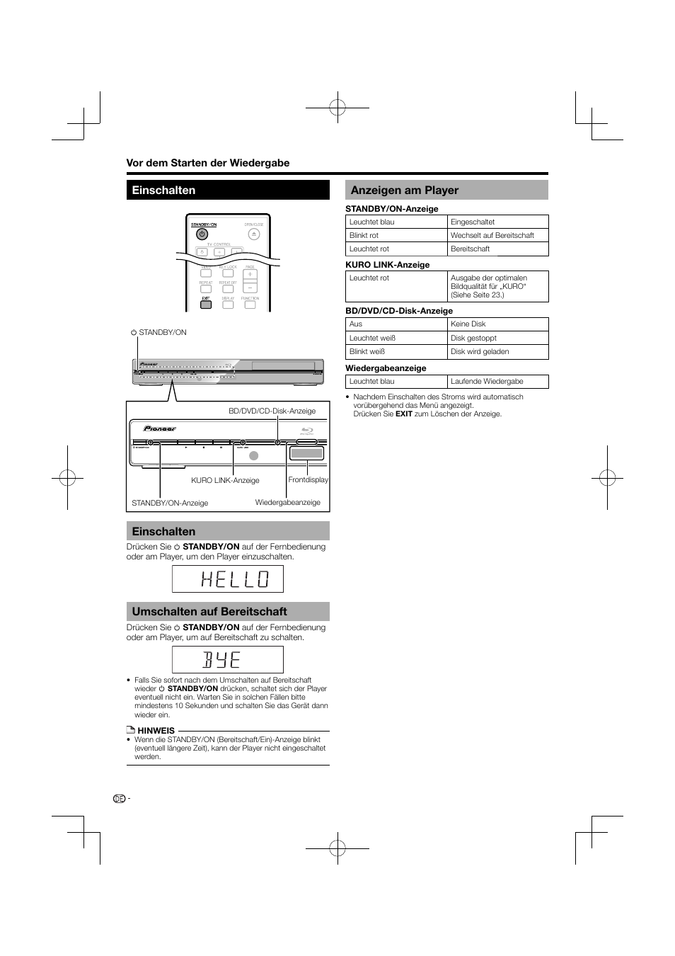 Einschalten, Umschalten auf bereitschaft, Anzeigen am player | Pioneer BDP-120 User Manual | Page 21 / 427