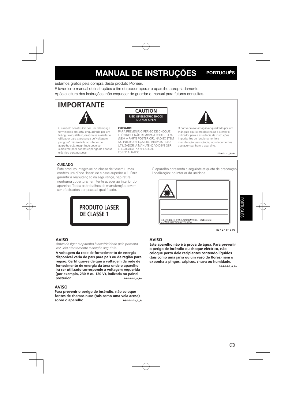 Manual de instruções, Importante, Produto laser de classe 1 | Caution | Pioneer BDP-120 User Manual | Page 210 / 427