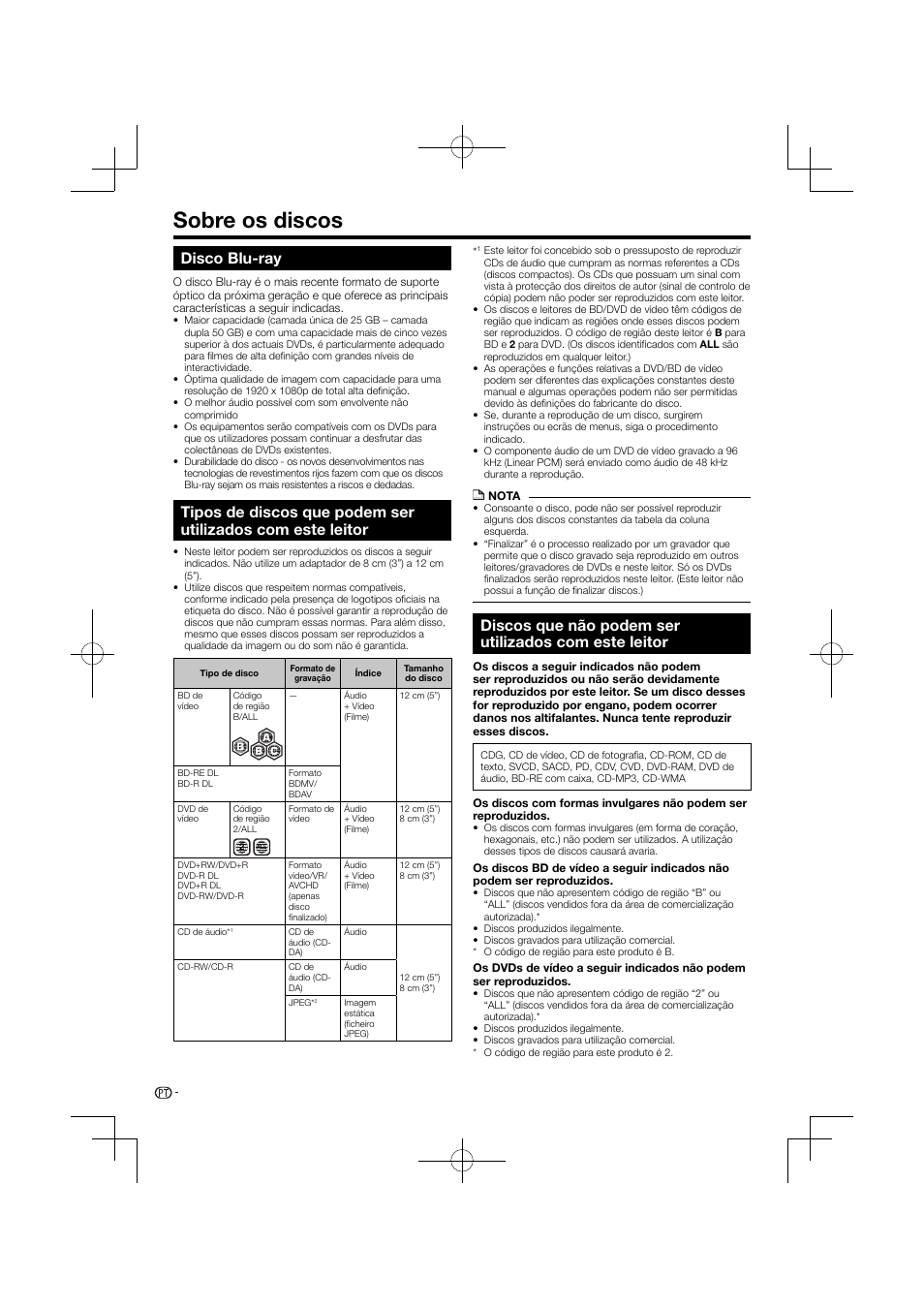 Sobre os discos, Disco blu-ray | Pioneer BDP-120 User Manual | Page 215 / 427