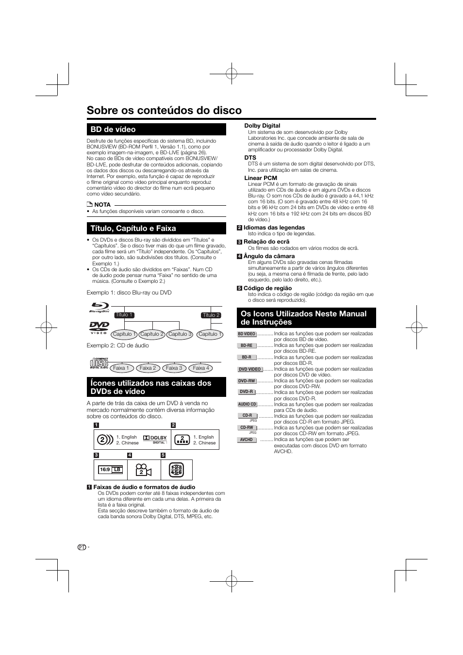 Sobre os conteúdos do disco, Ícones utilizados nas caixas dos dvds de vídeo, Os icons utilizados neste manual de instruções | Bd de vídeo, Título, capítulo e faixa | Pioneer BDP-120 User Manual | Page 217 / 427