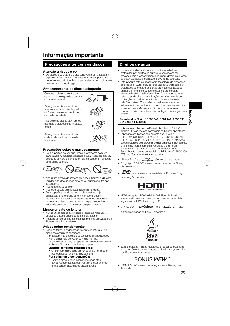 Informação importante, Precauções a ter com os discos direitos de autor, Precauções a ter com os discos | Direitos de autor | Pioneer BDP-120 User Manual | Page 218 / 427