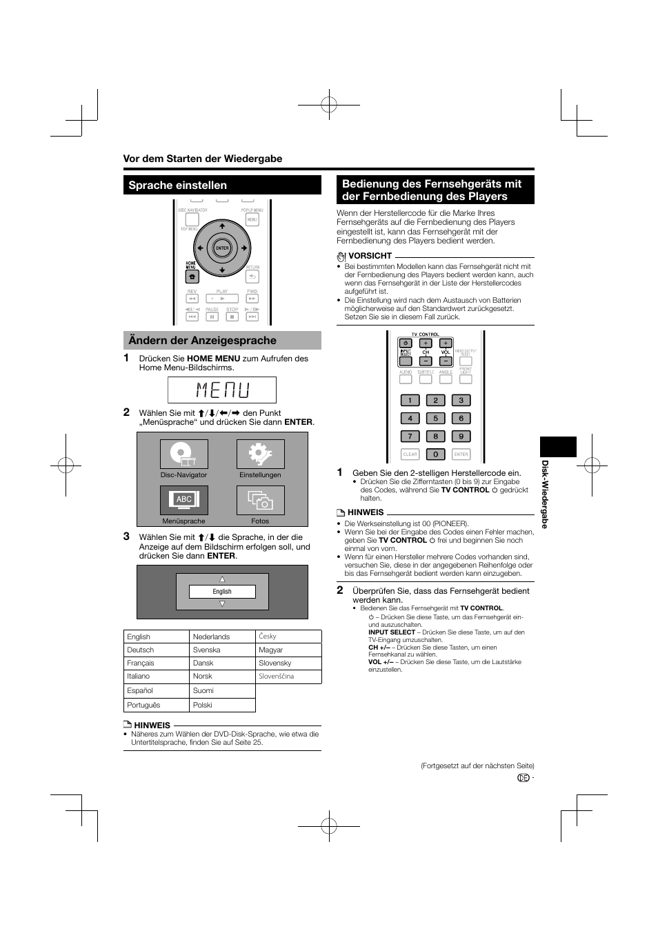 Sprache einstellen, Ändern der anzeigesprache, Bedienung des fernsehgeräts mit der | Fernbedienung des players, Sprache einstellen ändern der anzeigesprache | Pioneer BDP-120 User Manual | Page 22 / 427