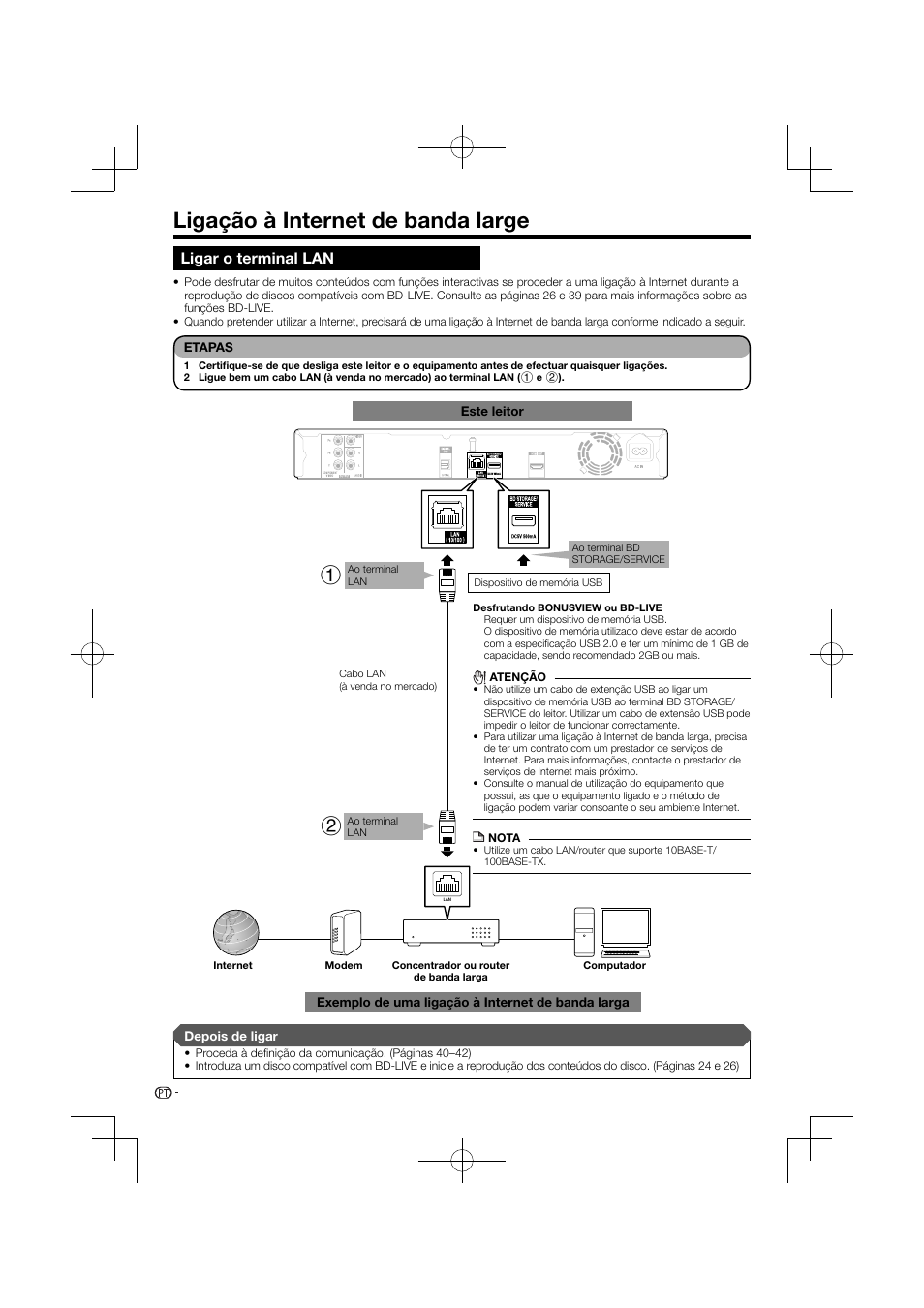 Ligação à internet de banda large, Ligar o terminal lan | Pioneer BDP-120 User Manual | Page 227 / 427