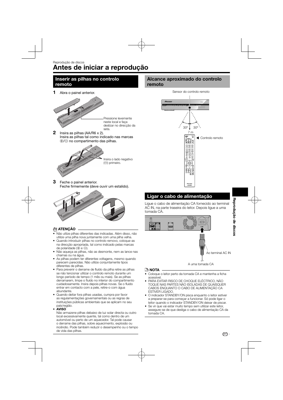 Antes de iniciar a reprodução, Inserir as pilhas no controlo remoto, Alcance aproximado do controlo remoto | Ligar o cabo de alimentação, 12 3 ligar o cabo de alimentação | Pioneer BDP-120 User Manual | Page 228 / 427