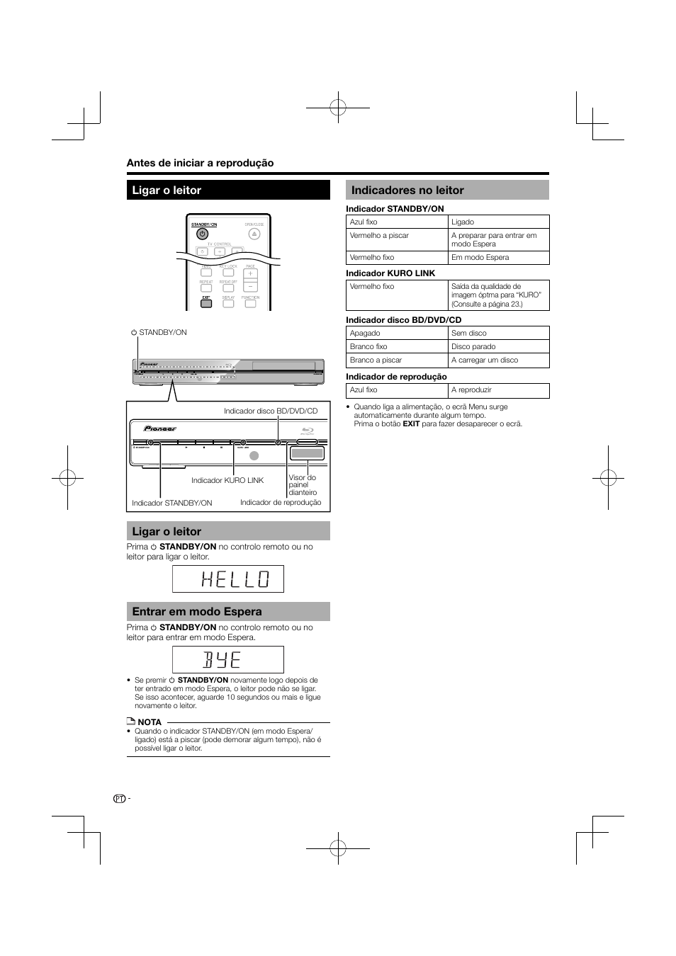 Ligar o leitor, Entrar em modo espera, Indicadores no leitor | Pioneer BDP-120 User Manual | Page 229 / 427