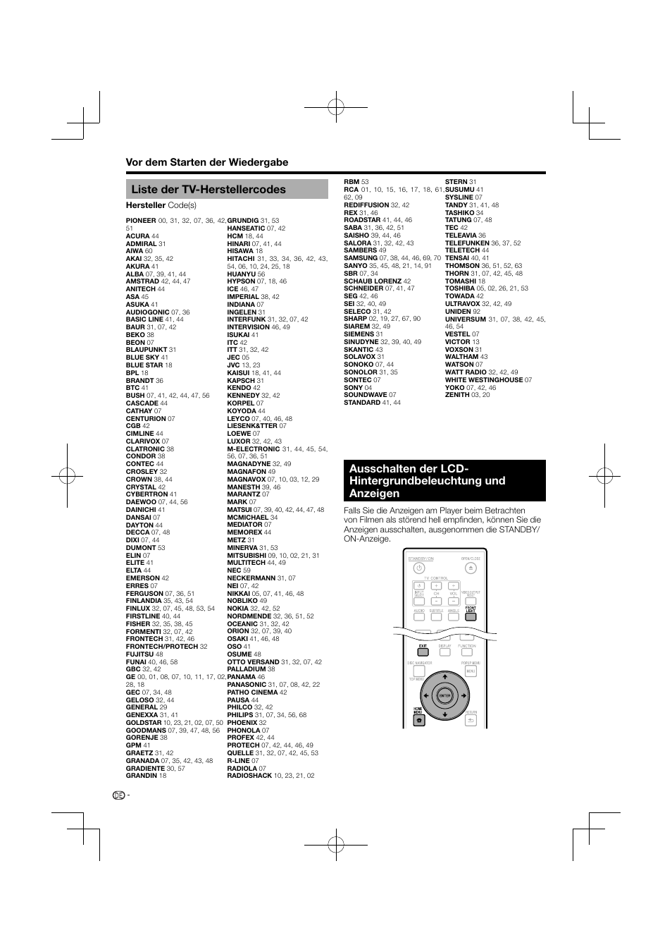 Liste der tv-herstellercodes, Ausschalten der lcd-hintergrundbeleuchtung und, Anzeigen | Pioneer BDP-120 User Manual | Page 23 / 427