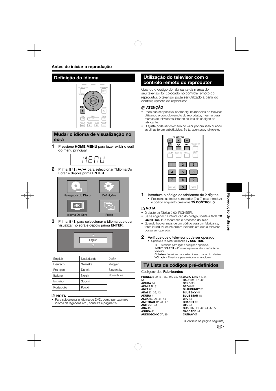 Definição do idioma, Mudar o idioma de visualização no ecrã, Utilização do televisor com o controlo remoto do | Reprodutor, Tv lista de códigos pré-definidos | Pioneer BDP-120 User Manual | Page 230 / 427