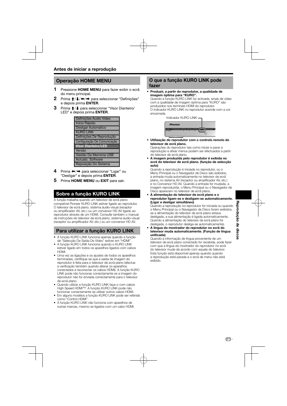 Operação home menu, Sobre a função kuro link, Para utilizar a função kuro link | O que a função kuro link pode fazer | Pioneer BDP-120 User Manual | Page 232 / 427