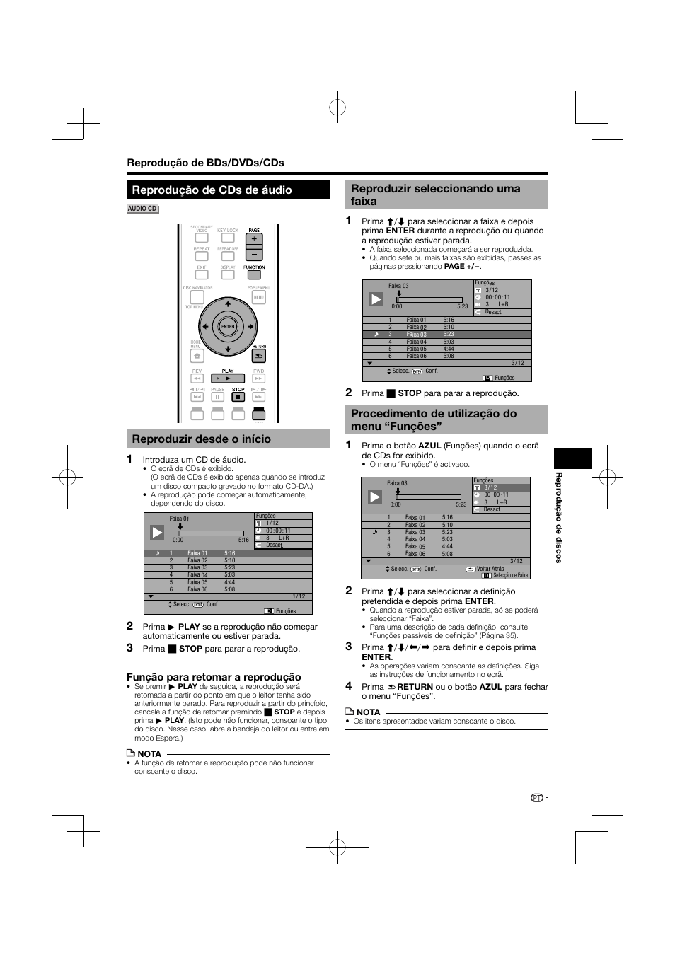 Reprodução de cds de áudio, Reproduzir desde o início, Reproduzir seleccionando uma faixa | Procedimento de utilização do menu “funções, Reprodução de bds/dvds/cds, Função para retomar a reprodução | Pioneer BDP-120 User Manual | Page 238 / 427