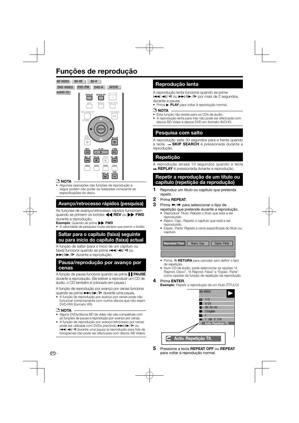Funções de reprodução, Capítulo (faixa) actual, Da reprodução) | Avanço/retrocesso rápidos (pesquisa), Pausa/reprodução por avanço por cenas, Reprodução lenta, Pesquisa com salto, Repetição | Pioneer BDP-120 User Manual | Page 239 / 427
