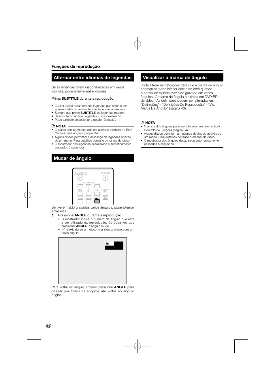 Alternar entre idiomas de legendas, Mudar de ângulo, Visualizar a marca de ângulo | Pioneer BDP-120 User Manual | Page 241 / 427