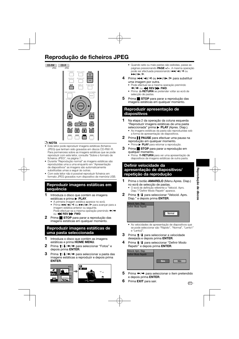 Reprodução de ficheiros jpeg, Seleccionada, Repetição da reprodução | Reproduzir imagens estáticas em sequência, Reproduzir apresentação de diapositivos | Pioneer BDP-120 User Manual | Page 242 / 427