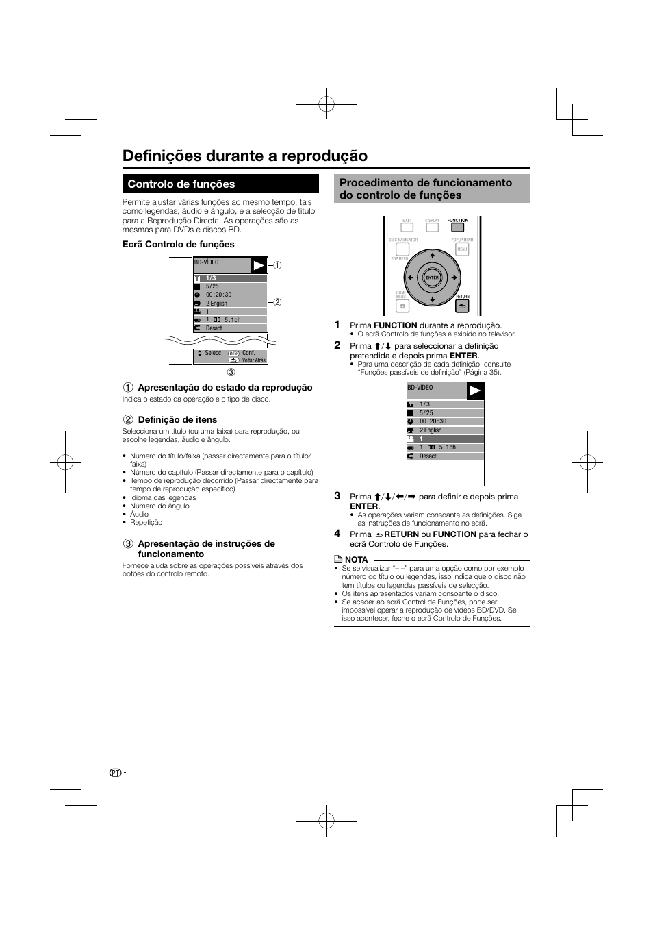 Definições durante a reprodução, Controlo de funções, Procedimento de funcionamento do controlo de | Funções | Pioneer BDP-120 User Manual | Page 243 / 427