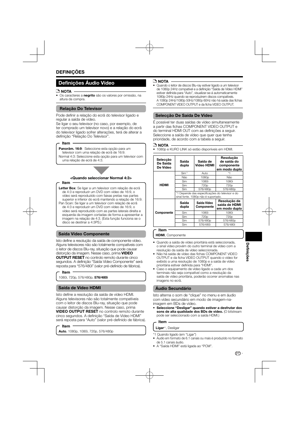 Definições áudio vídeo, Definições | Pioneer BDP-120 User Manual | Page 246 / 427