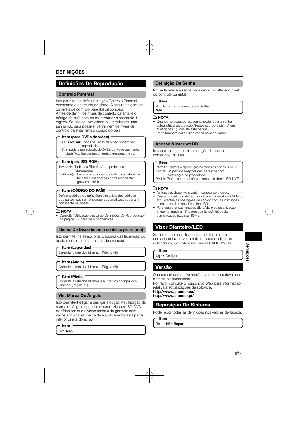 Visor dianteiro/led, Versão, Reposição do sistema | Definições de reprodução | Pioneer BDP-120 User Manual | Page 248 / 427
