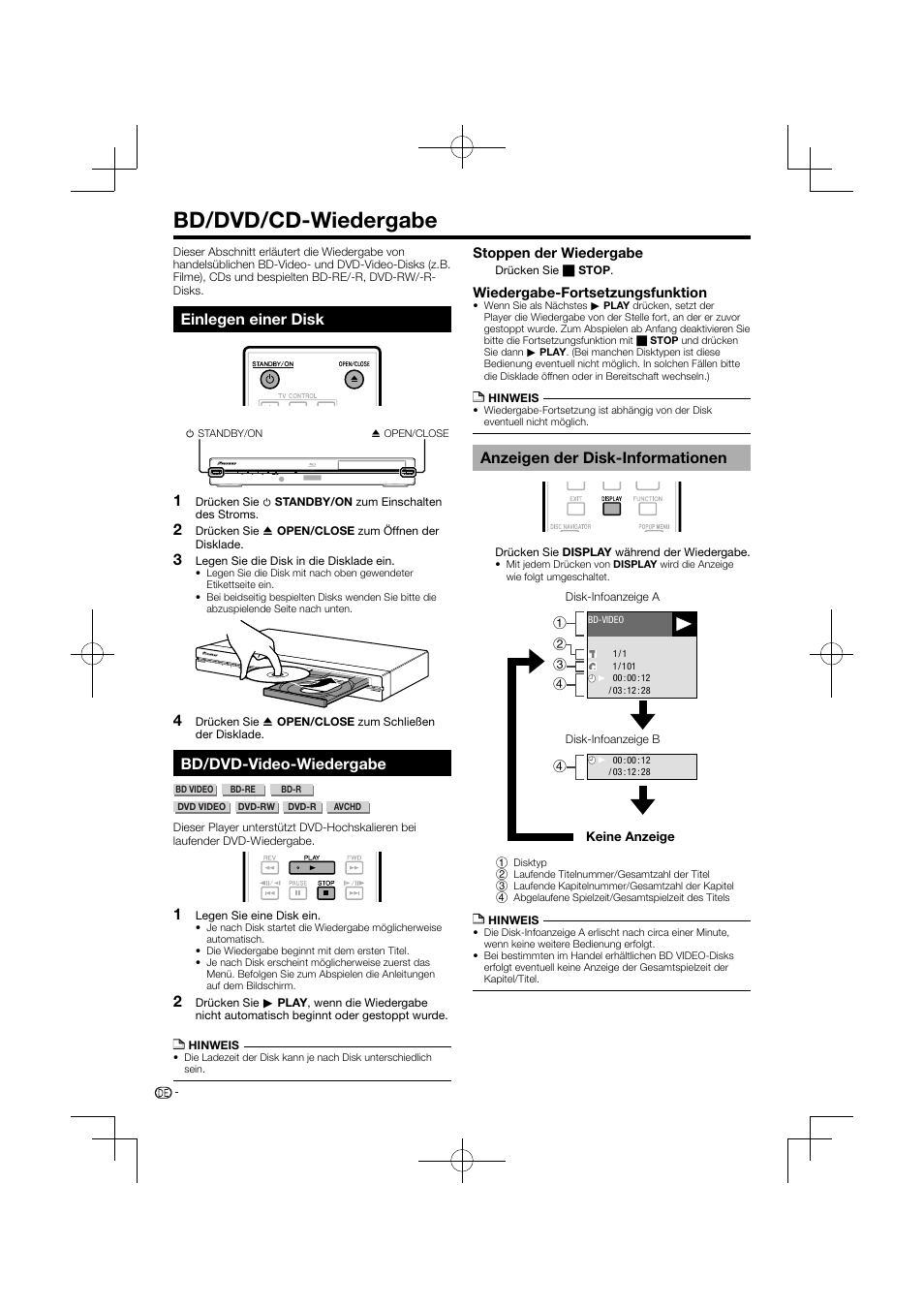 Bd/dvd/cd-wiedergabe, Einlegen einer disk bd/dvd-video-wiedergabe, Anzeigen der disk-informationen | Einlegen einer disk, Bd/dvd-video-wiedergabe | Pioneer BDP-120 User Manual | Page 25 / 427