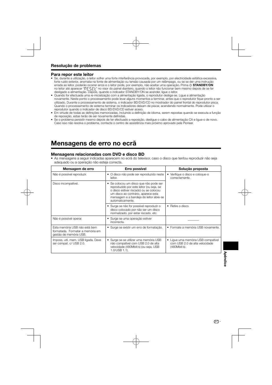 Para repor este leitor, Mensagens de erro no ecrã | Pioneer BDP-120 User Manual | Page 258 / 427