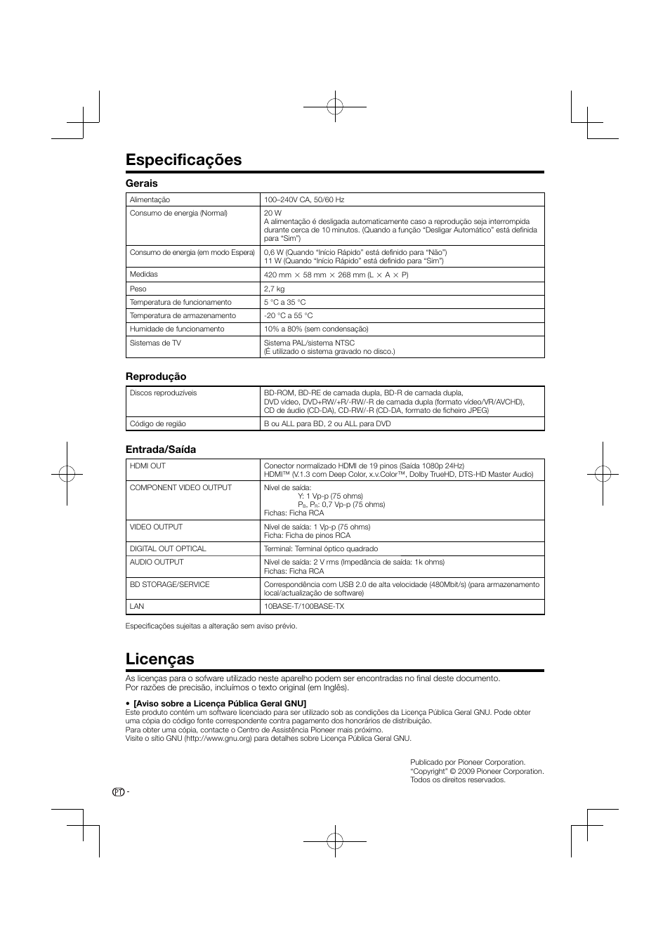 Especificações licenças, Especificações, Licenças | Gerais, Reprodução, Entrada/saída | Pioneer BDP-120 User Manual | Page 261 / 427