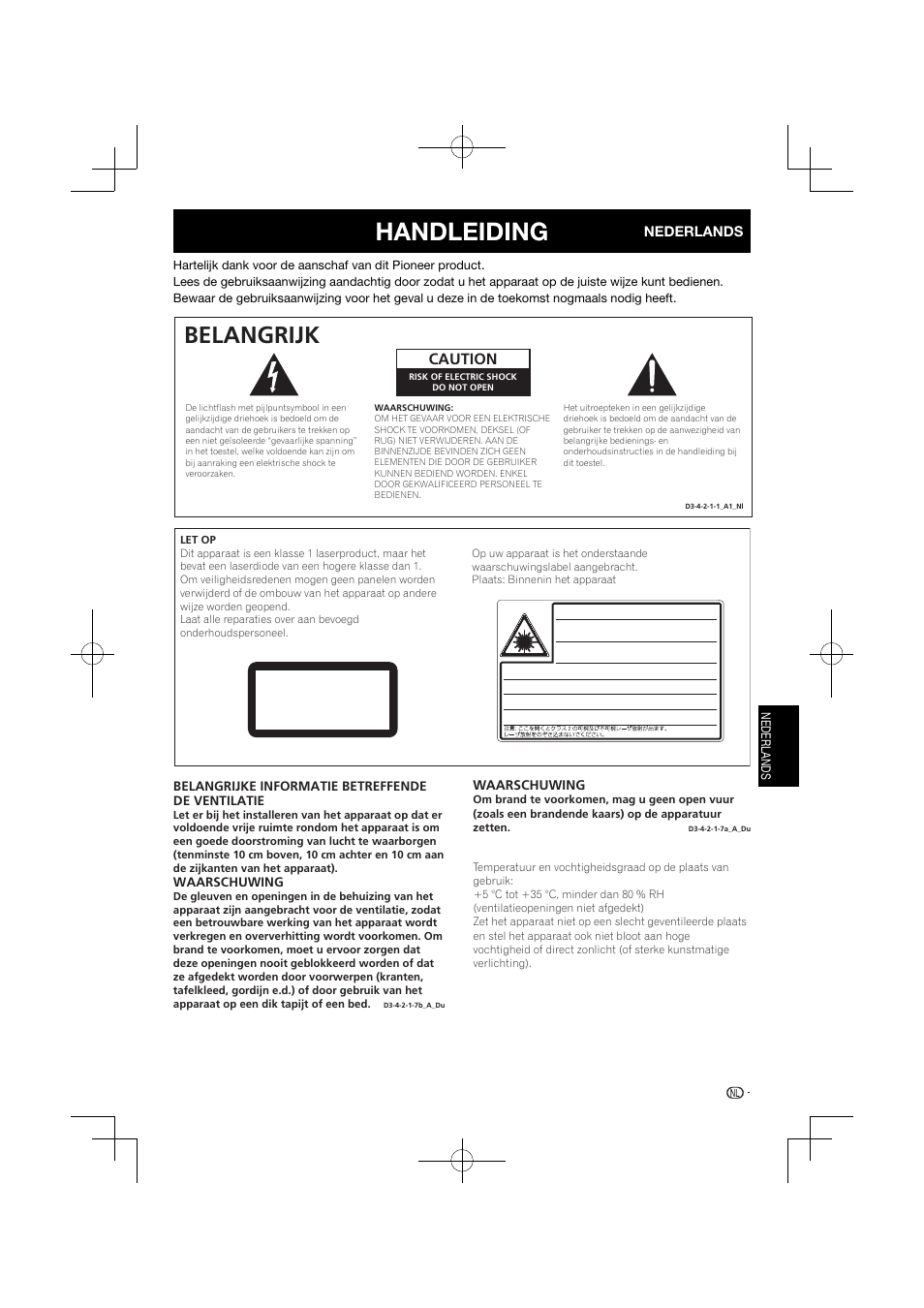 Handleiding, Belangrijk, Klasse 1 laserproduct | Caution | Pioneer BDP-120 User Manual | Page 262 / 427