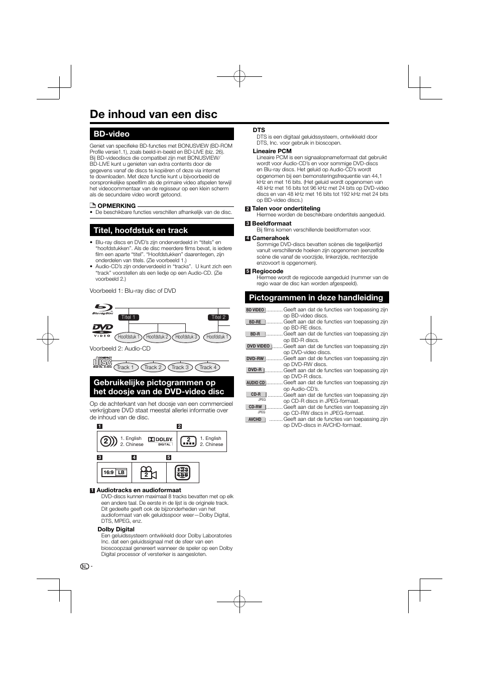 De inhoud van een disc, Dvd-video disc, Pictogrammen in deze handleiding | Bd-video, Titel, hoofdstuk en track | Pioneer BDP-120 User Manual | Page 269 / 427