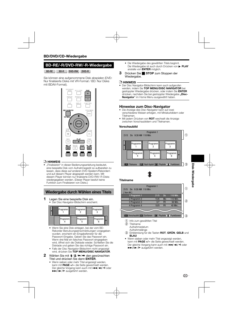 Bd-re/-r/dvd-rw/-r-wiedergabe, Wiedergabe durch wählen eines titels, Bd/dvd/cd-wiedergabe | Hinweise zum disc-navigator | Pioneer BDP-120 User Manual | Page 28 / 427