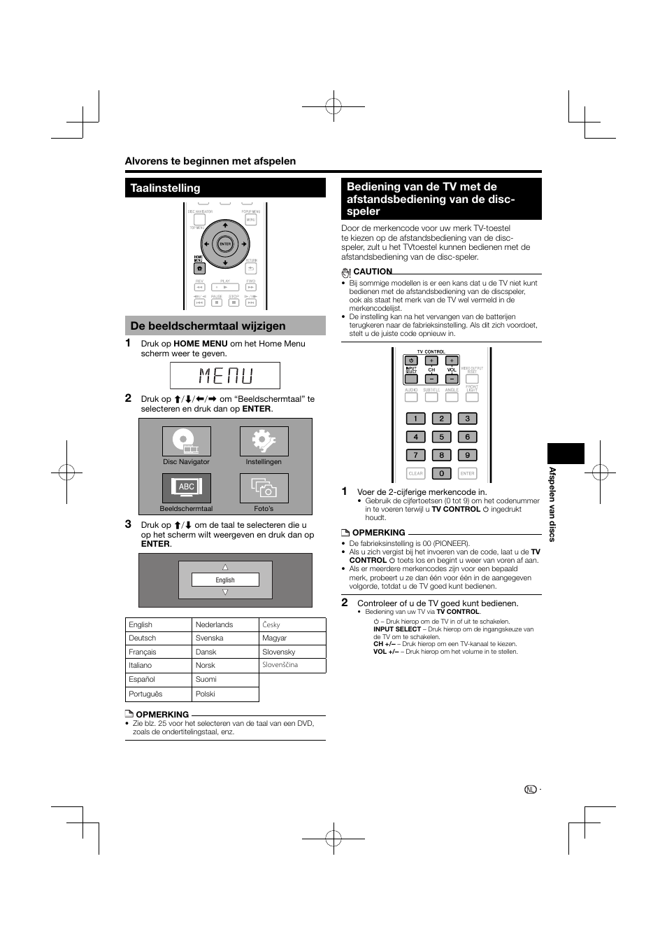 Taalinstelling, De beeldschermtaal wijzigen, Bediening van de tv met de afstandsbediening | Van de disc-speler, Taalinstelling de beeldschermtaal wijzigen | Pioneer BDP-120 User Manual | Page 282 / 427