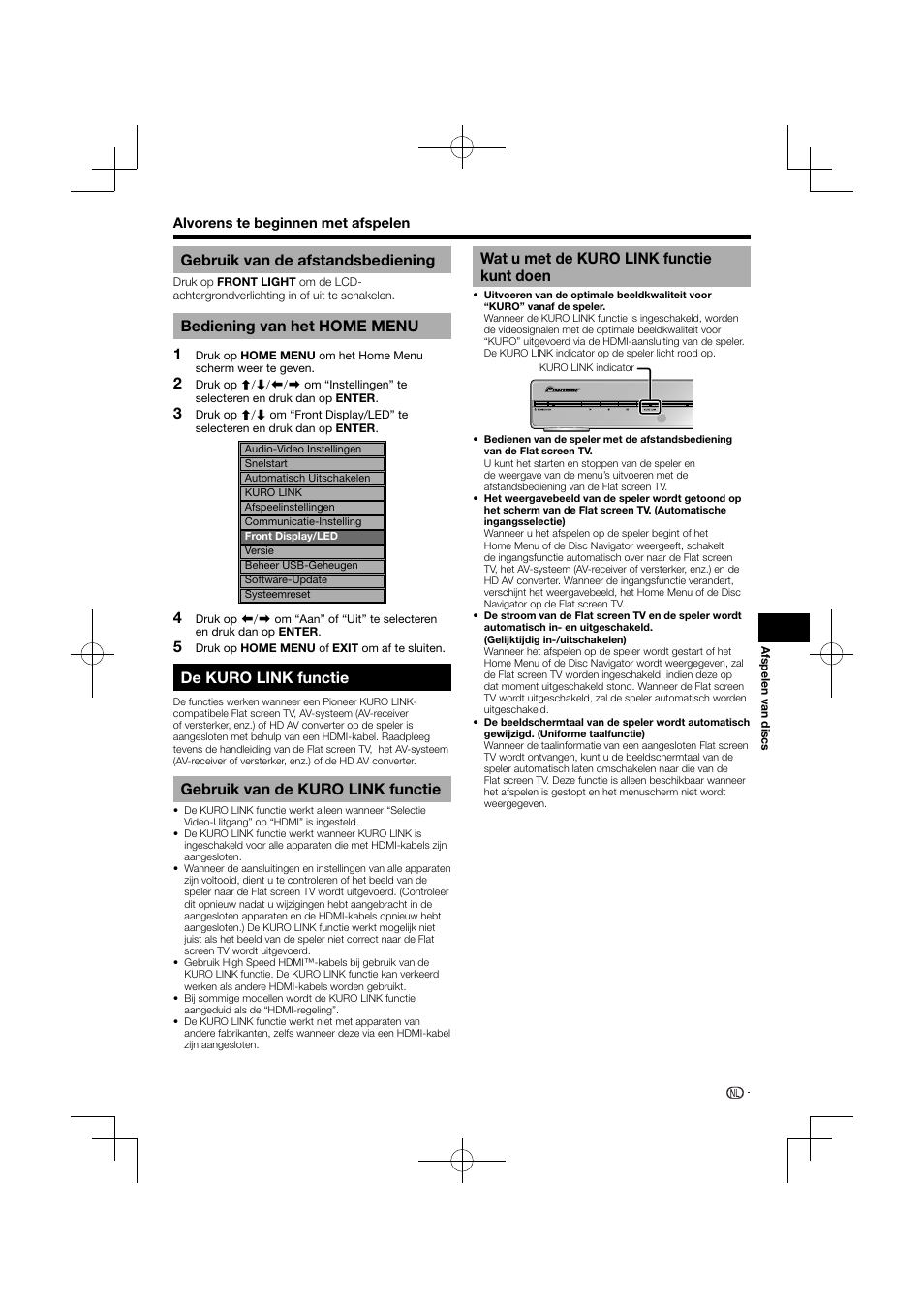 De kuro link functie, Gebruik van de afstandsbediening, Bediening van het home menu | Gebruik van de kuro link functie, Wat u met de kuro link functie kunt doen | Pioneer BDP-120 User Manual | Page 284 / 427