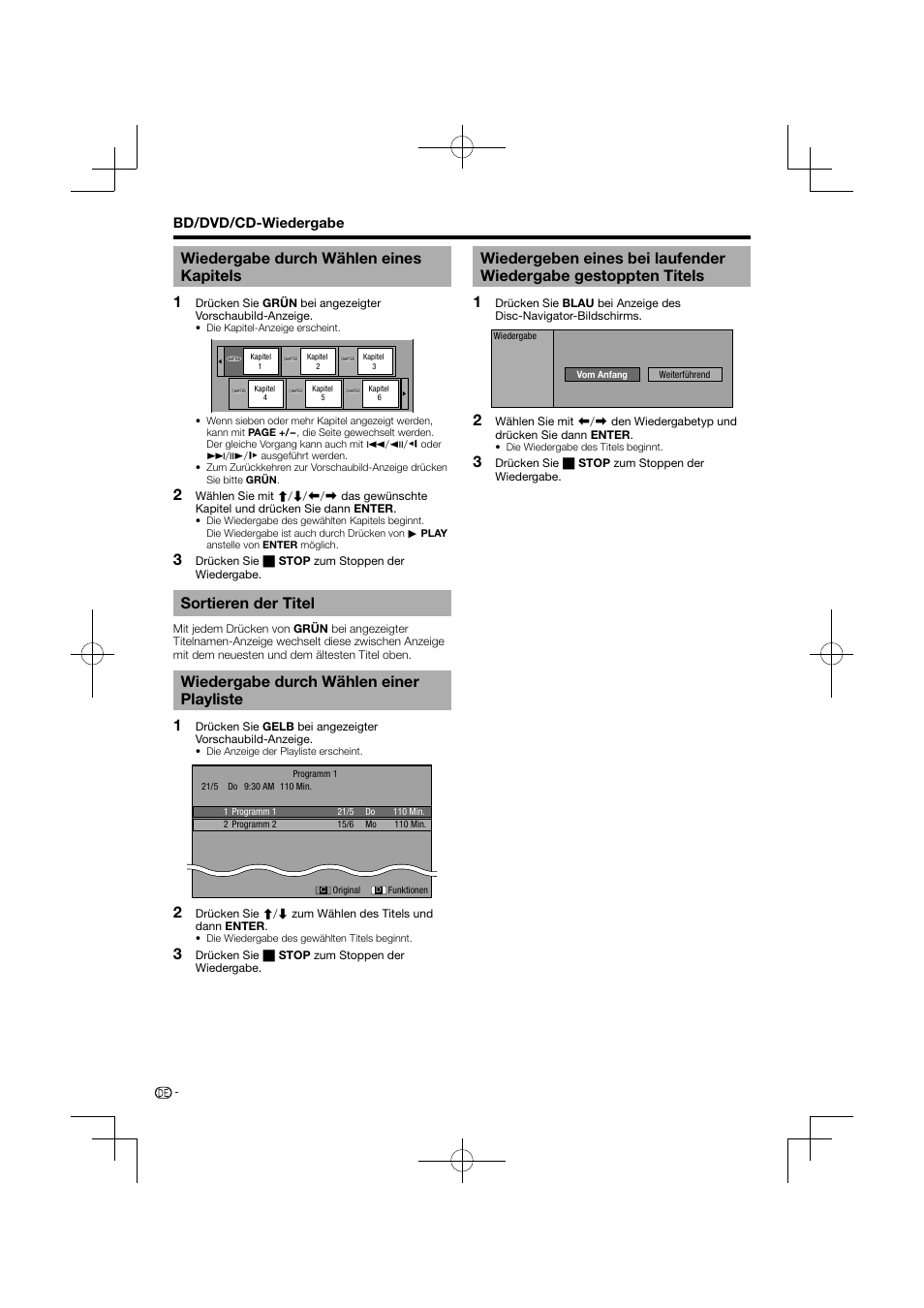 Gestoppten titels, 3wiedergabe durch wählen eines kapitels, Sortieren der titel | Wiedergabe durch wählen einer playliste | Pioneer BDP-120 User Manual | Page 29 / 427