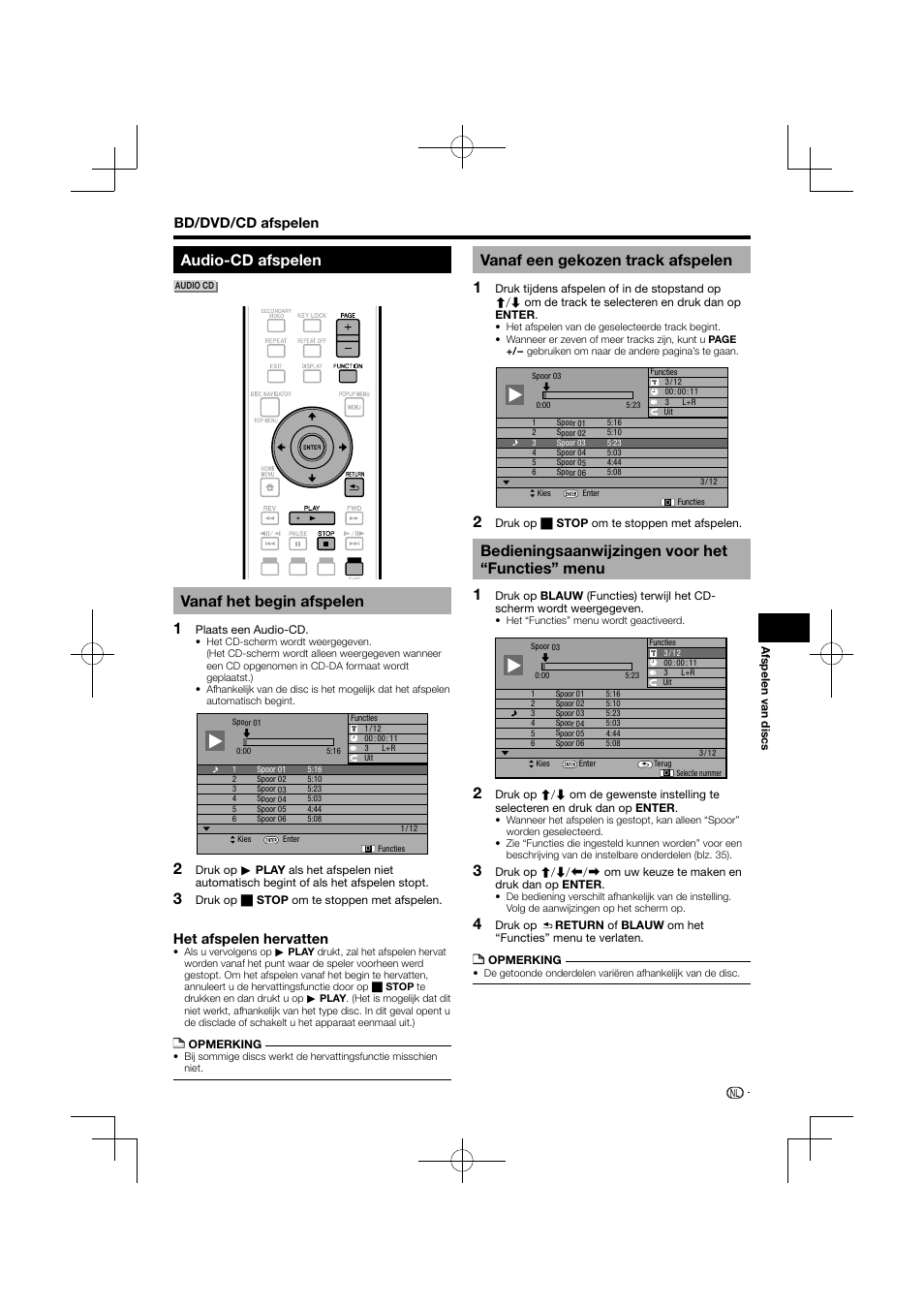 Audio-cd afspelen, Vanaf het begin afspelen, Vanaf een gekozen track afspelen | Bedieningsaanwijzingen voor het “functies” menu, Bd/dvd/cd afspelen, Het afspelen hervatten | Pioneer BDP-120 User Manual | Page 290 / 427