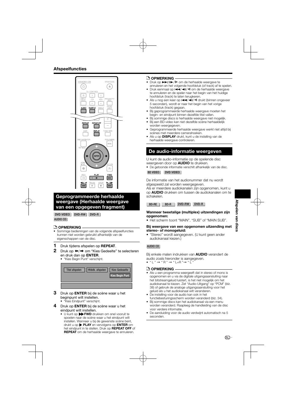 Geprogrammeerde herhaalde weergave (herhaalde, Weergave van een opgegeven fragment), De audio-informatie weergeven | Pioneer BDP-120 User Manual | Page 292 / 427