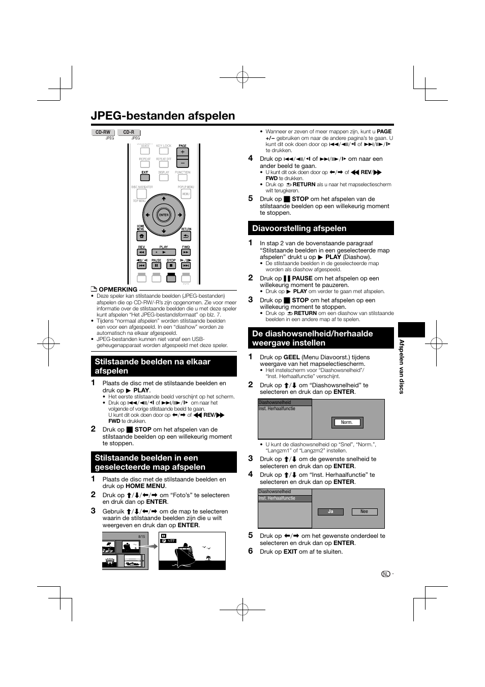 Jpeg-bestanden afspelen, Afspelen, Stilstaande beelden na elkaar afspelen | Diavoorstelling afspelen, De diashowsnelheid/herhaalde weergave instellen | Pioneer BDP-120 User Manual | Page 294 / 427