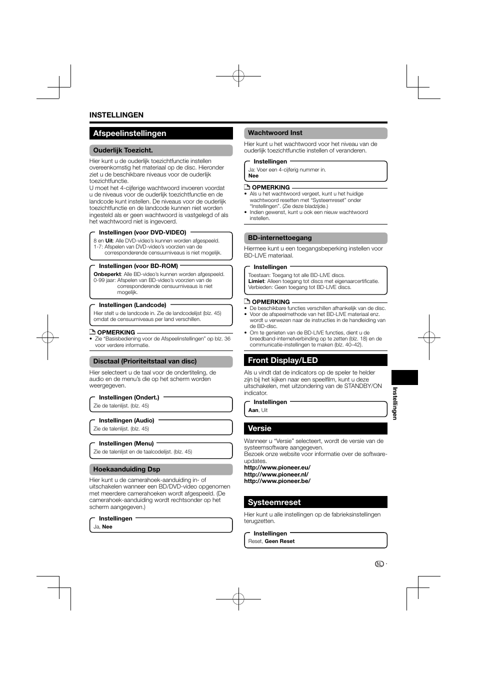 Front display/led, Versie, Systeemreset | Afspeelinstellingen | Pioneer BDP-120 User Manual | Page 300 / 427