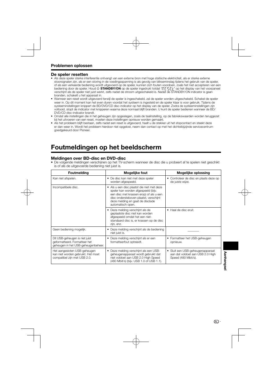 De speler resetten, Foutmeldingen op het beeldscherm | Pioneer BDP-120 User Manual | Page 310 / 427