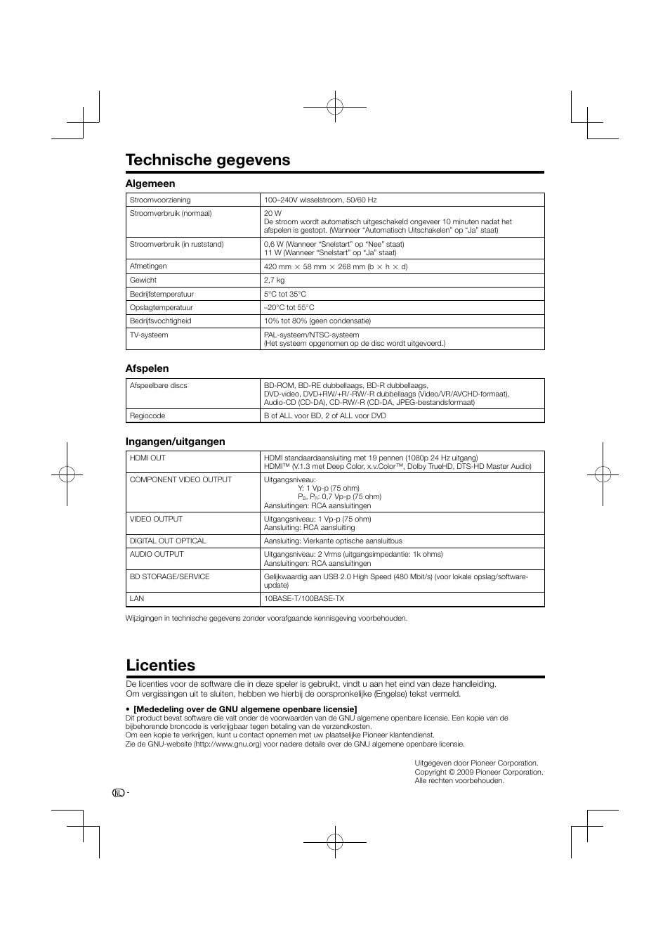 Technische gegevens licenties, Technische gegevens, Licenties | Algemeen, Afspelen, Ingangen/uitgangen | Pioneer BDP-120 User Manual | Page 313 / 427