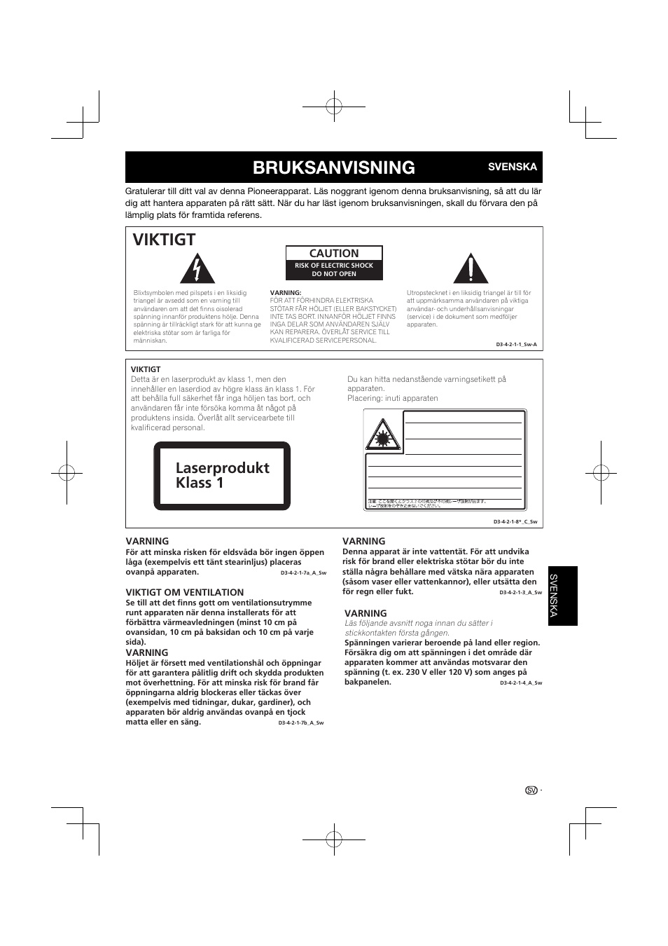 Bruksanvisning, Viktigt, Laserprodukt klass 1 | Caution | Pioneer BDP-120 User Manual | Page 314 / 427