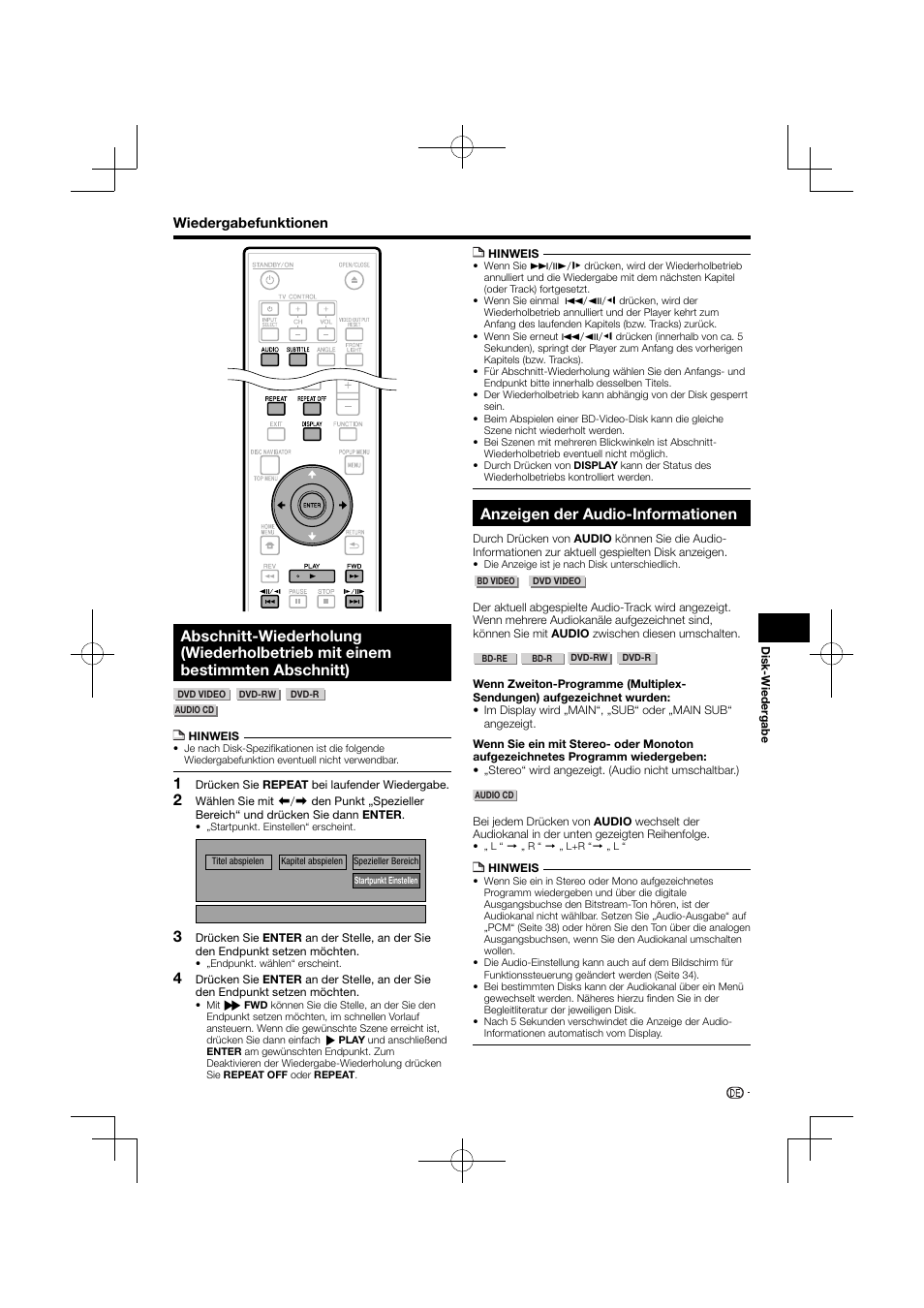 Abschnitt-wiederholung (wiederholbetrieb mit einem, Bestimmten abschnitt), Anzeigen der audio-informationen | Pioneer BDP-120 User Manual | Page 32 / 427