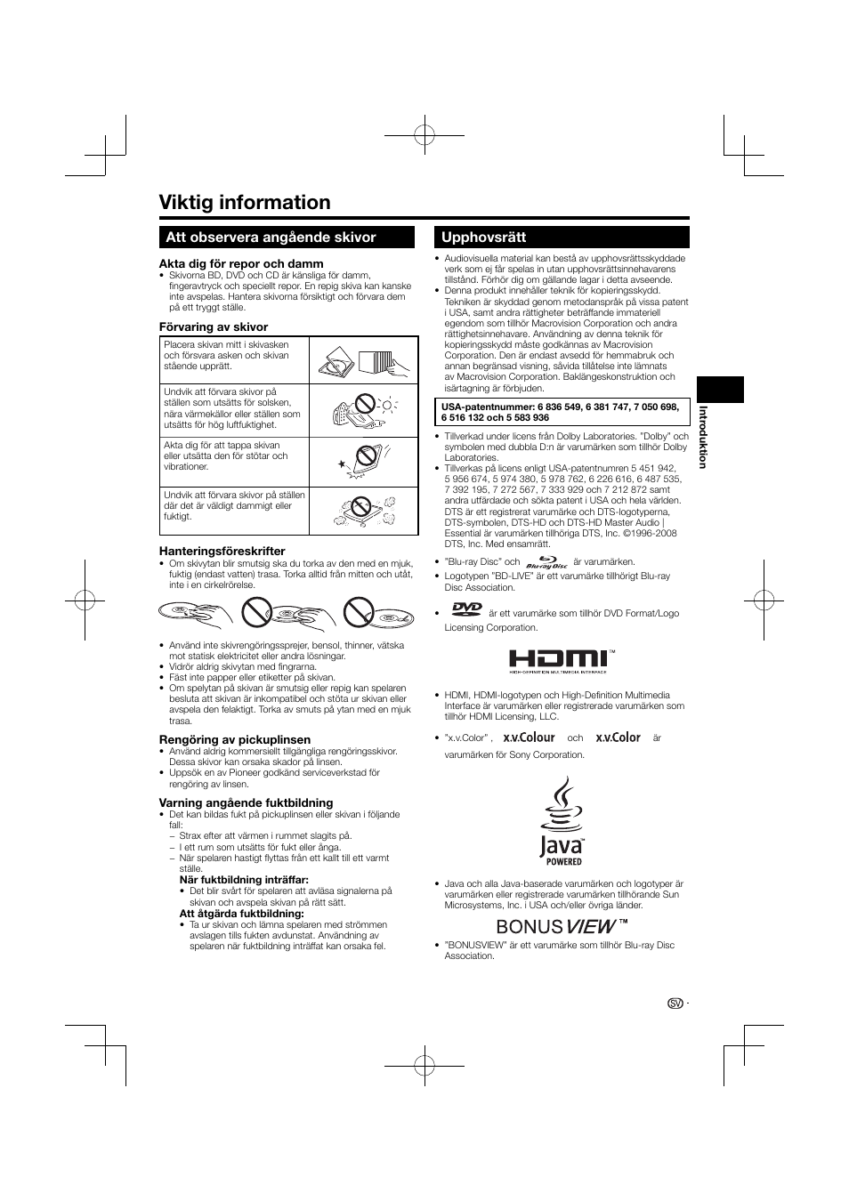 Viktig information, Att observera angående skivor upphovsrätt, Att observera angående skivor | Upphovsrätt | Pioneer BDP-120 User Manual | Page 322 / 427