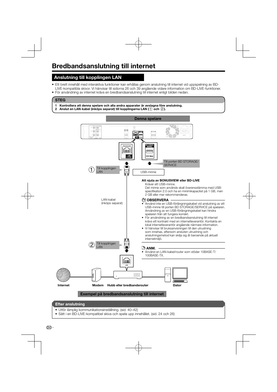 Bredbandsanslutning till internet, Anslutning till kopplingen lan | Pioneer BDP-120 User Manual | Page 331 / 427