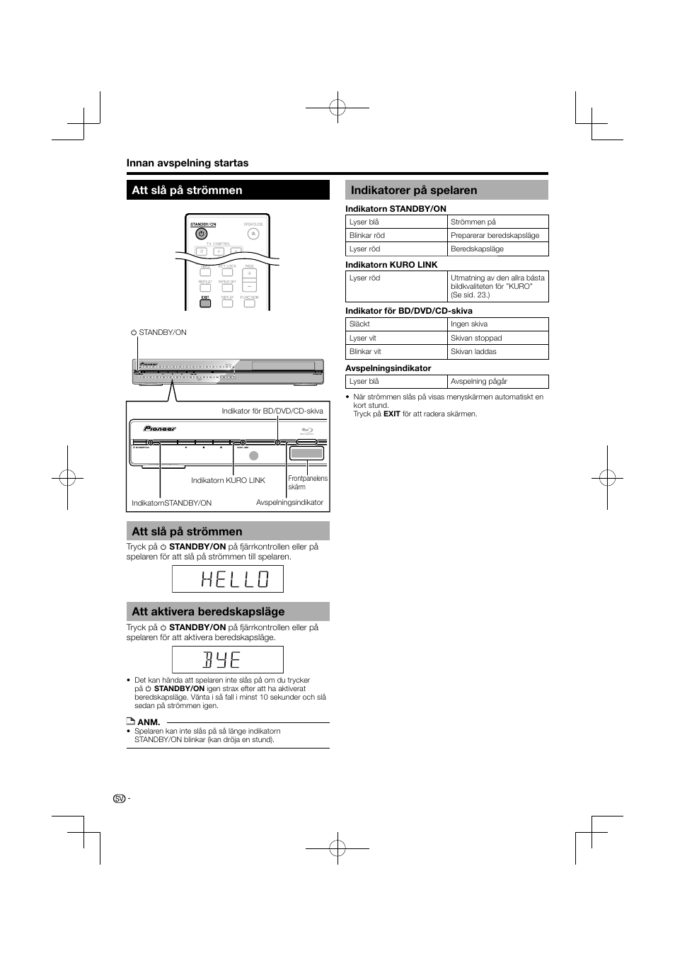 Att slå på strömmen, Att aktivera beredskapsläge, Indikatorer på spelaren | Pioneer BDP-120 User Manual | Page 333 / 427