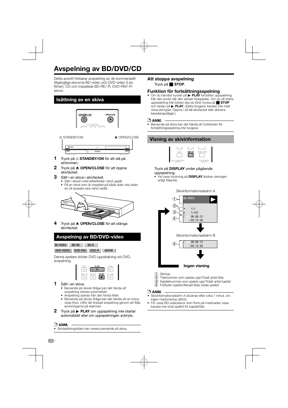 Avspelning av bd/dvd/cd, Isättning av en skiva avspelning av bd/dvd-video, Visning av skivinformation | Isättning av en skiva, Avspelning av bd/dvd-video | Pioneer BDP-120 User Manual | Page 337 / 427