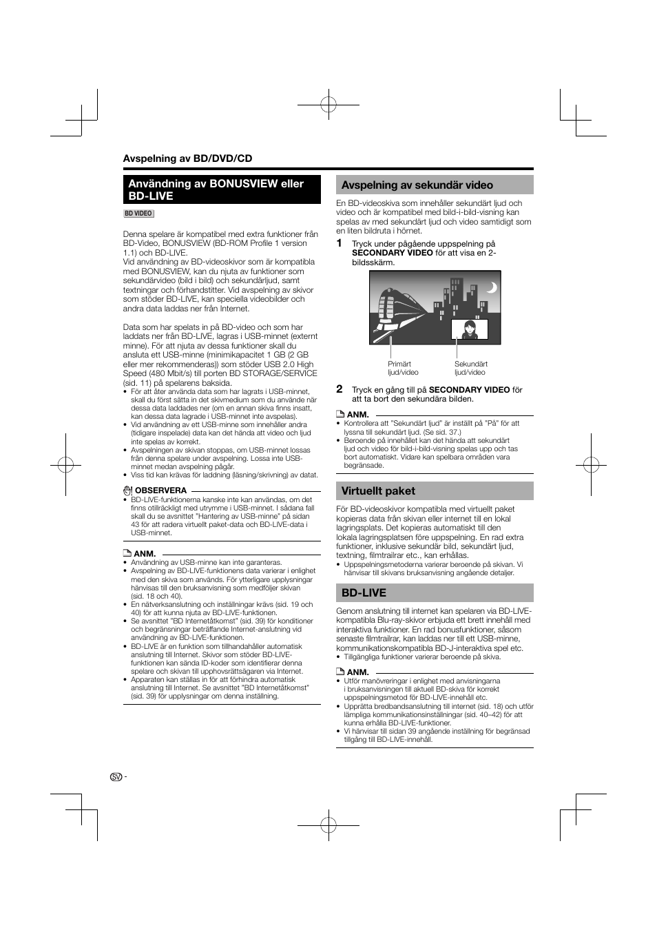 Användning av bonusview eller bd-live, Avspelning av sekundär video, Virtuellt paket bd-live | Virtuellt paket, Bd-live | Pioneer BDP-120 User Manual | Page 339 / 427
