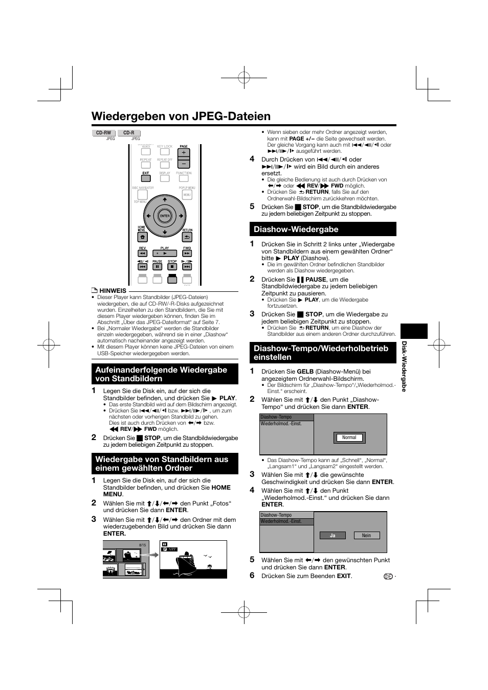 Wiedergeben von jpeg-dateien, Ordner, Aufeinanderfolgende wiedergabe von standbildern | Diashow-wiedergabe, Diashow-tempo/wiederholbetrieb einstellen | Pioneer BDP-120 User Manual | Page 34 / 427