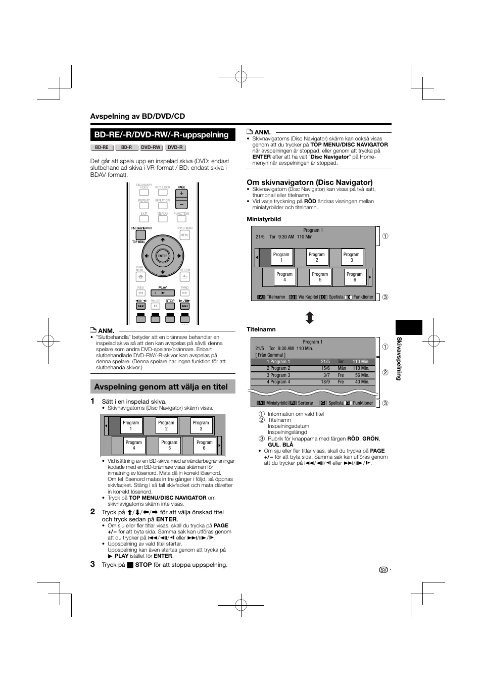 Bd-re/-r/dvd-rw/-r-uppspelning, Avspelning genom att välja en titel, Avspelning av bd/dvd/cd | Om skivnavigatorn (disc navigator) | Pioneer BDP-120 User Manual | Page 340 / 427